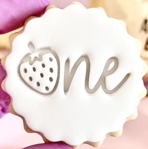 One Strawberry Fondant Stamp Embosser Cookie Cutter fits m&s Biscuits Great for First Birthday Strawberry 1st Berry Cute Reusable Marks and Spencers Party Favours Free Matching Cutter