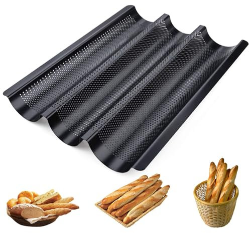 Beutrain Baguette Backform,Edelstahl Baguette-Backblech mit Antihaft-Beschichtung | Backblech mit Netzloch-Design für Baguette, Brot Backen Zubehör | Für Ofen & Grill,Schwarz-3er Baguetteform