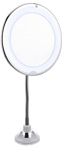 LED Saugnapf 360° mit Kosmetikspiegel Drehbarer, 10-facher Vergrößerung | Verstellbarer Winkel, für Schminken bei Wenig Licht, Tischaufstellung, Silberne Kunststoffausführung
