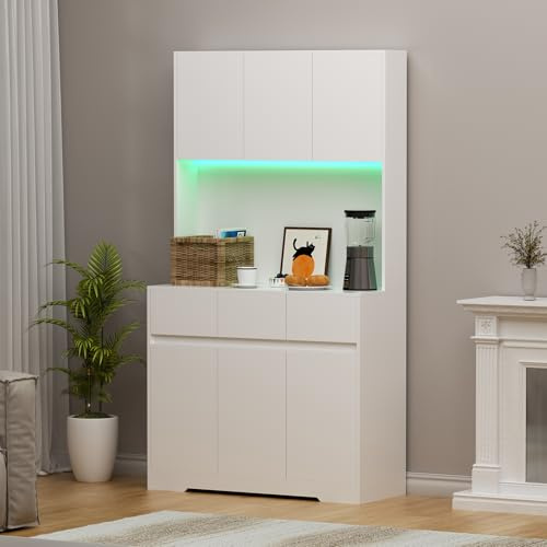 TWSOUL Küchenschrank, Buffetschrank 170cm Sideboard mit LED-Beleuchtung Mehrzweckschrank mit 3 Schubladen und Steckdose Großer Stauraum Weiß für Küche, Wohnzimmer, Esszimmer