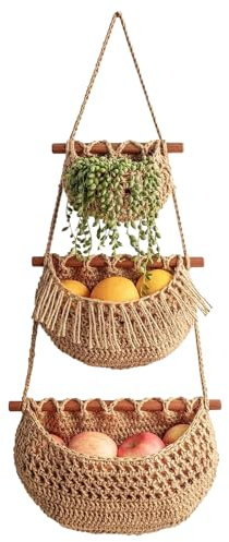 Refein Jute Kitchen Hanging Baskets - 3 Tier Hanging Fruit Basket Woven Wall Basket for Vegetable Onion Potato Storage with 2 Hooks (Brown)