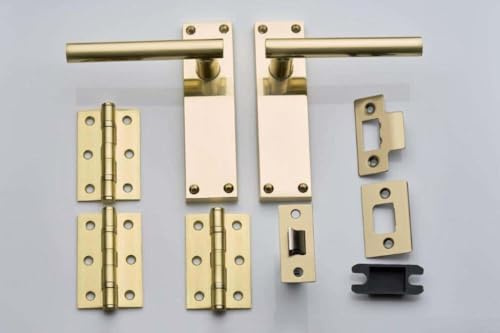 Designer Levers T-Bar Straight Lever Latch Door Handle, Brushed Brass | Brushed brass gold finish; aluminum and zinc alloy construction; includes lever latch handle,tubular latch, 1 pair of hinges.