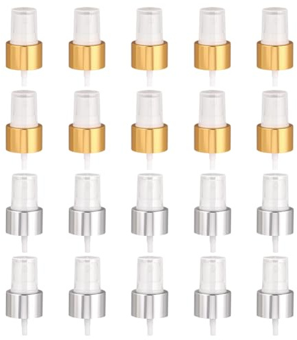 WEBEEDY 20 PCS 2 Capsules de Bouteille de Pulvérisation 24/410 Buse de Pulvérisation Fine Réutilisable Remplacement de la Tête pour Parfum Cosmétique Jardinage Nettoyage Noël (Or) Argent