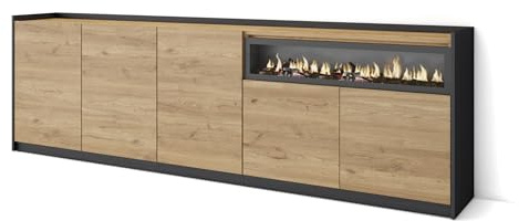 Skraut Home | Aparadores para salón | Gran Capacidad de almacenaje | 260x80x37 cm | 5 Puertas | Chimenea eléctrica | Estilo Moderno | Roble y Negro