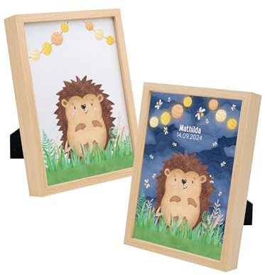 wunderwunsch magischer beleuchteter Bilderrahmen personalisiert, Geschenk Geburt, Geburtstagsgeschenk Baby, Kindergeburtstagsgeschenk mit individuellem Namen (Igel Glühwürmchen, klein)