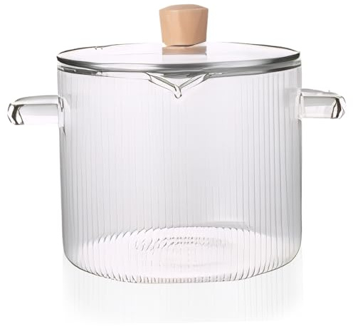 Glass Ribbed Pot|Glass Cooking Pot with Lid, 2.3L/78 Oz Heat Resistant Borosilicate Ribbed with Handles, Clear Cookware Simmer Safe for Soup, Milk, Baby Food