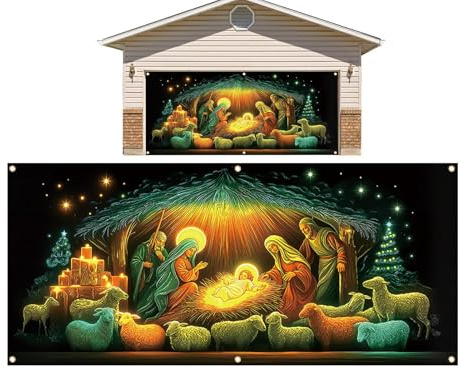 keloppasit Decoración Cubierta Puerta Navidad - Fondo Grande Fluorescente con Escena Religiosa de Jesús,Decoración De Cartel De Bandera Para Porche Navideño,Para Interior Exterior Hogar Porche De