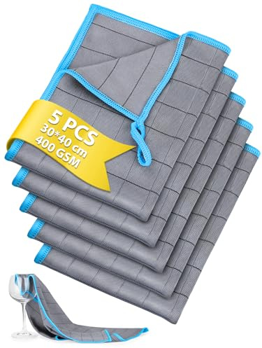 Euqvunn Chiffon Microfibre de Carbone Lot de 5, 30 x 40 cm, 400GSM, sans Peluches, pour salissures et Graisses tenaces, pour la Maison, la Cuisine, la Voiture et Le Nettoyage des vitres – Bleu