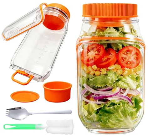 LAIKAIEU Bocaux À Salade Pliables, 2026 Nouveau Pot Salad Avec Compartiment À Vinaigrette Et Brosse De Nettoyage, Capsules Convient Pour La Maison, Extérieur, Voyages Et Fêtes (Orange,1000ml)