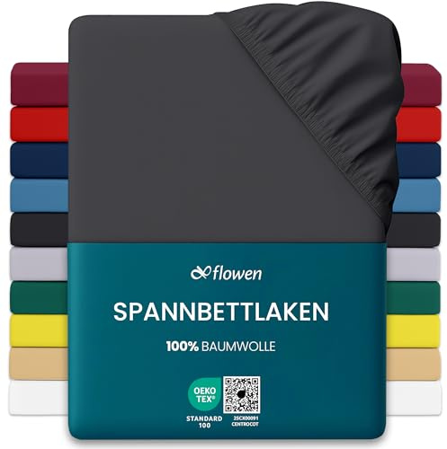 Flowen Jersey Spannbettlaken 180x200cm | Spannbetttuch 100% Baumwolle Rundumgummizug | Bettlaken 30cm Steghöhe Tiefe Tasche | Oeko-Tex Zertifiziert Weich Elastisch Atmungsaktiv Bügelfrei (Dunkelgrau)