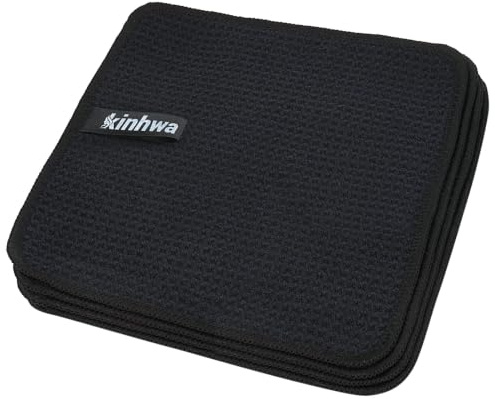 KinHwa Spültücher schwarz Spüllappen waschbar Spültuch Waffeltuch 20x20cm | Mikrofaser Putzlappen , Barista tuch, fusselfrei streifenfrei, stark saugfähig, schnell trocknend, küchenlappen 4 Stück