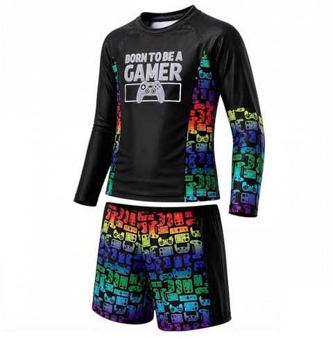 NWDEY Boys Gaming Swimming Costume 2 Piece Set, Long Sleeve UV Rash Guard & Swim Trunks, Kids Swimsuit for Boys 8-14 Years, UPF 50+ Sun Protection