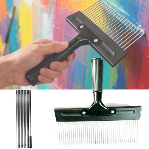 Wall Scarifier Texture Comb, Stainless Steel Tines Scarifier Tool DIY Wall Paint Scraper Plaster Art Scraper with Handle Telescopic Rod, Paint Graining Rake for Home Texture Cement Decoration
