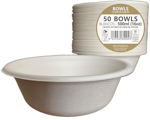 Econativo Cuencos Desechables 500 ml – Pack 50 – Bowls Compostables de Caña de Azúcar – Biodegradables, Resistentes y Antifugas – Aptos Microondas – Para Sopas, Ensaladas y Comida Caliente
