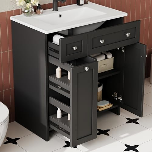 Easexcy Lavabo autoportante completo, 76 cm, mobile da bagno con lavabo in ceramica, 2 cassetti, scomparto estraibile e porta per piccolo bagno e WC degli ospiti (nero)