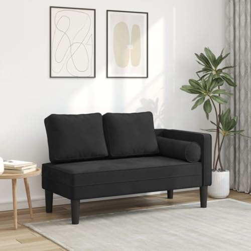 Runheo Chaiselongue Schwarz Samt mit Kissen, gepolsterte Recamiere mit Rückenlehne und Armlehne, ergonomische Relaxliege für Wohnzimmer, Schlafzimmer und Büro zum Lesen, Liegen und Ausruhen