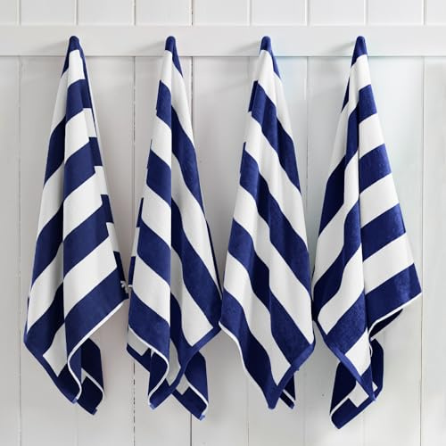 Great Bay Home 100% Cotton Velour 4 Pack Beach Towels 30 x 60 - Navy Cabana Stripe Pool Towels - Quick Dry, Large Swim Towels