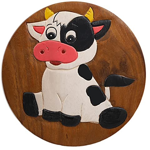 ART-CRAFT Vielseitiger Kinderhocker Holzhocker rund aus Massivholz Tiermotiv Kuh mit vielen Einsatz Möglichkeiten