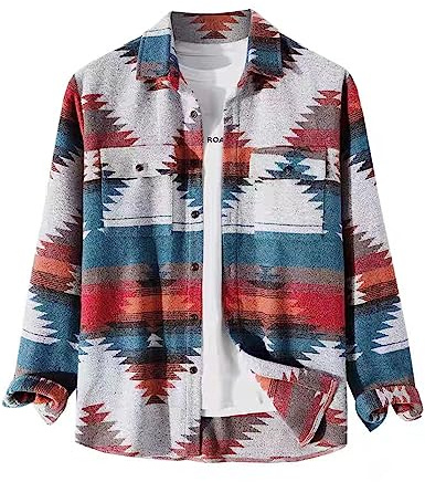 VIEWON Men's Casual Aztec Print Button Down Woolen Long Sleeve Lightweight Lapel Western Shacket Jacket Coat Red L