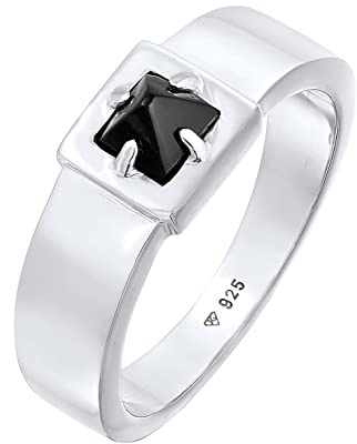 Kuzzoi Anillo de plata de ley 925 con sello de piedra de ónice, anillo de plata de ley 925 pulida con piedra preciosa de 5 mm, color negro, anillo para hombre