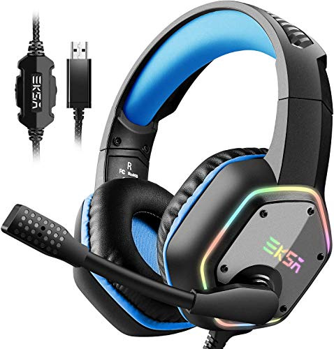 EKSA Headset USB mit Mikrofon, PC Headset Blau, 7.1 Surround-Sound für Exakte Feindortung im Spiel, RGB Gaming Headset mit Noise-Cancelling Mikrofon, USB Anschluss Headset für PS4/PS5 Computer Laptop