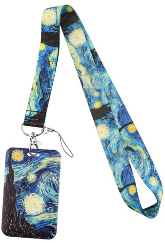 Van Gogh - Cordon tour de cou avec porte-cartes - Bleu - Pour clés, badges d'identité, nuit étoilée