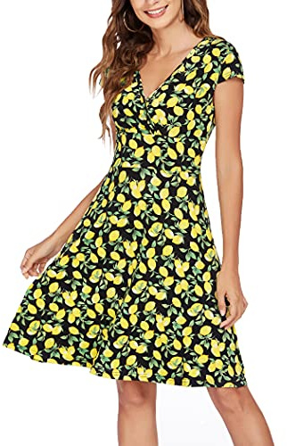 Beyove Robe à Fleurs pour Femme Longueur Genoux Robe d'été à Manches Courtes pour col en V Robe de Plage élégante Robe Patineuse Femme