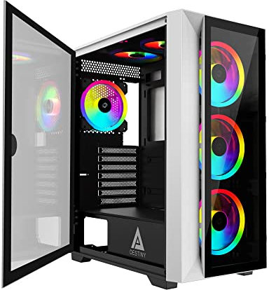 Apevia Destiny-PRO-WH Boîtier PC de jeu Destiny Pro avec 6 ventilateurs ARGB de 120 mm, 366 modes d'éclairage RVB, 1 panneau avant en verre, 1 panneau latéral magnétique en verre pivotant, 2 ports USB