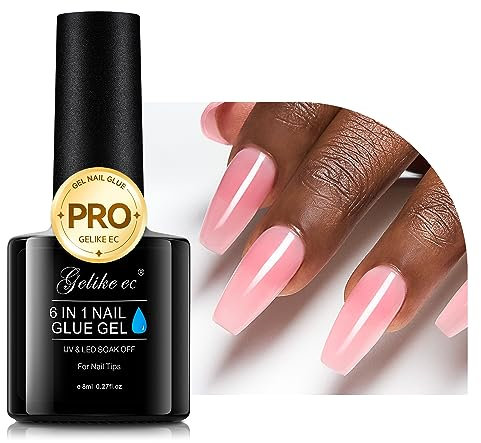 Gelike ec Nagelkleber Für Kunstnägel: 6 in 1Sheer Blush Pink Extra Stark Nail Glue Für Press On Nail Glue Gel For NailTip Nagelkleber Gel Für Fake Nail-Brauchen Ausharten Unter UV Nagellampe 8ML