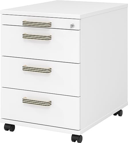 bümö Rollcontainer mit Schubladen, Container abschließbar aus Holz in Weiss - Rollwagen für's Büro als Schreibtisch Unterschrank, Bürocontainer od. Schreibtischcontainer mit Streifengriffe