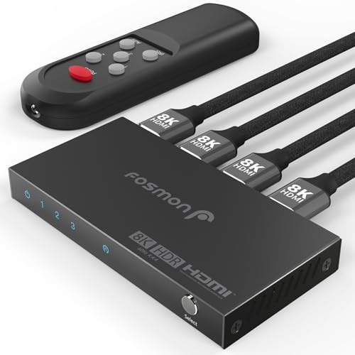 Fosmon 3-portars HDMI 8K Switch med Fjärrkontroll, 8K@60Hz 4K@120Hz HDR10+ HDCP 2.3 48Gbps, HDMI 2.1 Switcher 3x1 Splitter Hub kompatibel med PS5, Xbox X|S, Apple TV, DVD, Laptop PC, Bildskärm