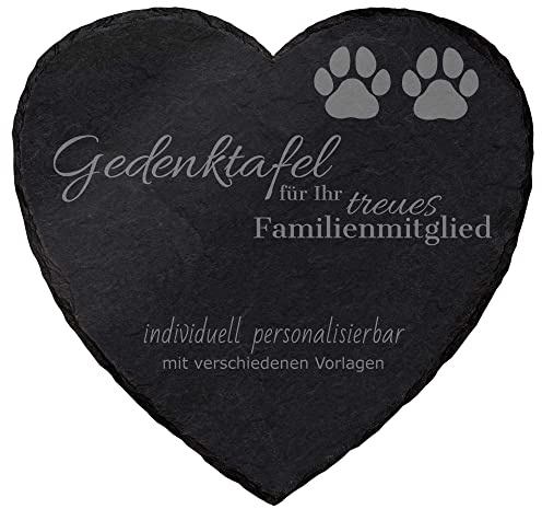mtb more energy Gedenktafel Grabstein Hund & Katze aus Schiefer mit Gravur | wähle passende Motive und Schriftarten | Herzförmig 25x25 cm| Grabplatte Haustier