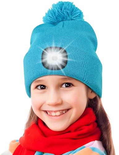 Deilin Weihnachten Geschenke für Mädchen und Jungen, Unisex Bommelmütze mit 4 LEDs Licht USB Wiederaufladbare Winter Warmer Strickkappe mit Stirnlampe, Geburtstagsgeschenke für Kinder, Blauer See