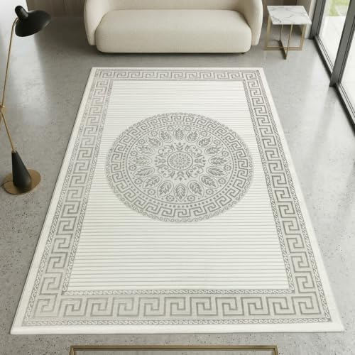 CARPETIA Teppich Orientmuster Creme Grau mit Glanzeffekt 140x200 cm | Pflegeleicht, strapazierfähig und schmutzabweisend, OEKO-TEX geprüft, für Fußbodenheizung, mit Glanzeffekt