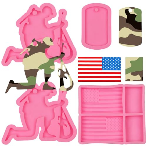 Shiny Glossy Fallen Soldier Resin Keychain Molds Kit 4 Pcs, Dog Tag Shape American Flag Silicone Molds, Cupcake Cake Topper Decoration Candy Fondant Chocolate Mold Conscript Mold