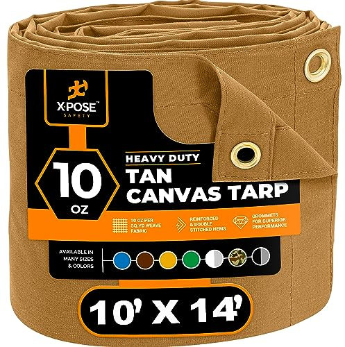 Xpose Safety Canvas Tarp - 10oz Tan Canvas Tarps Heavy Duty Water Resistant with Brass Grommets- Multipurpose Outdoor Tarpaulin for Camping, Canopy, Trailer, Equipment Cover 10' x 14'