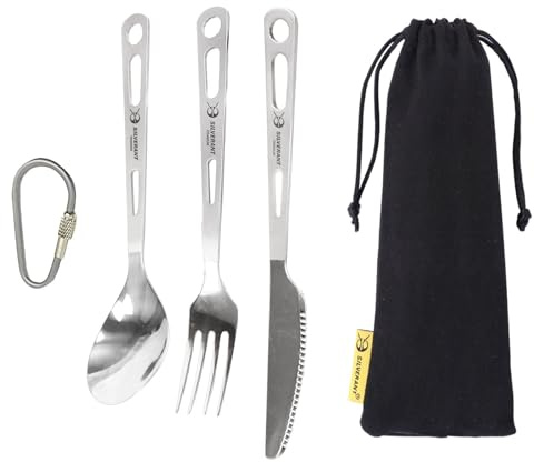 SILVERANT Titan - Juego de cubiertos de 3 piezas extra fuertes, ultraligeros, duraderos, cuchillo, tenedor y cuchara, vajilla para exteriores, camping, senderismo, con bolsa con cordón y mosquetón de