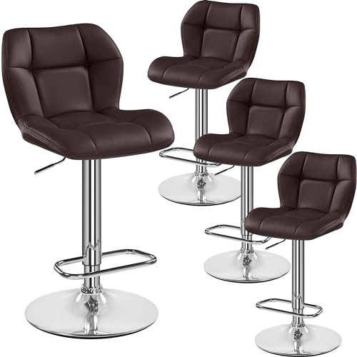 Yaheetech Barhocker 4X Höhenverstellbar Barstühle mit PU-Bezug Braun | 360°Drehbar Küchenstühle, mit Rückenlehne und Fußstütze, Sitzhöhe 62,5 cm - 84,5 cm, für die Küche