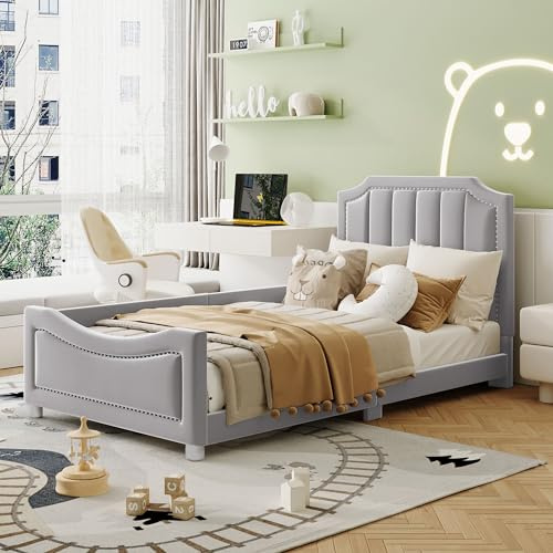 ZYLOYAL10 Barnsäng, stoppad säng, bäddsoffa, sängram, flanell, multifunktionell mjuk säng med ryggstöd, armstöd, förälder-barnsäng, ungdomssäng, gästsäng (grå, 90 x 200 cm)
