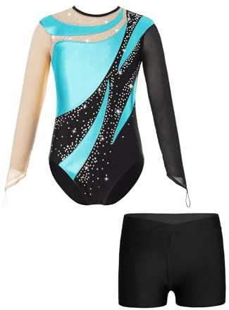 Aiihoo Mädchen Turnanzug Langarm Glänzende Tanzbody mit Strass und Shorts Tanzbody Trikotbody Tanzkleidung Tanz Gymnastik Trikots Tanzkostüm