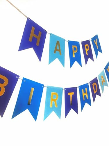 Quirki Happy Birthday Banner Blue Bunting Party Decorations for Men Boys Women Girls Birthday Garland Sign with Shimmering Gold Foil Letters Party Supplies