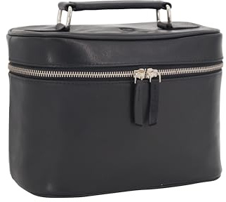 GERMANUS Handgemachte Kosmetiktasche Leonie, Kosmetikkoffer und Kulturtasche aus dickem Leder (Schwarz)