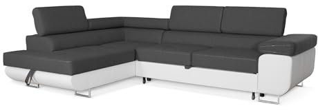 Ecksofa Aller L-Form mit Schlaffunktion und Bettkastenin in Dunkelgrau, Weiß Kunstleder, Ottomane Links.
