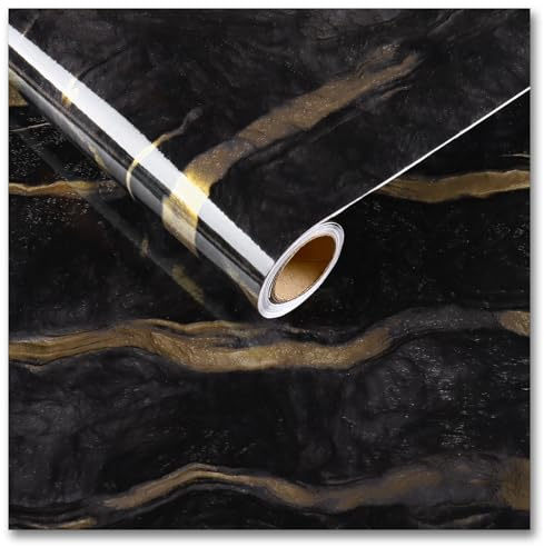 CRE8TIVE Black Gold Marble Vinyl Wrap 30cm x 900cm Glossy Peel and Stick Wallpaper Marble Effect Contact Paper Waterproof Kitchen Wallpaper Bathroom Cabinet Cupboard Kitchen Worktop Covering