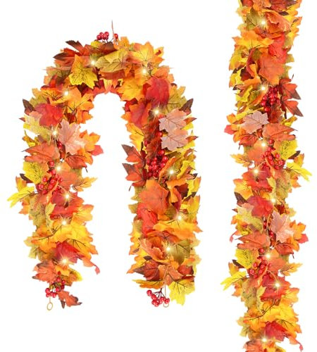 2 Piezas de Decoracion Otoño, Plantas Artificiales Decorativas de Guirnalda Incluye 4 Ganchos y Luz Halloween y Decoración Invierno, 175cm