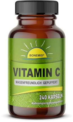 Vitamin C (gepuffert, säurefrei), 240 Kapseln à 650 mg Vitamin C im Glas. Ohne unnötige Zusatzstoffe in Deutschland verkapselt. Bonemis®