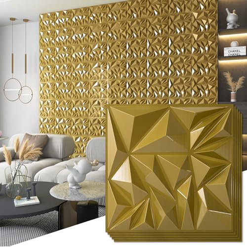 Art3d Paquete de 33 paneles de pared 3D para decoración de interiores, paneles modernos con textura de diamante para juegos, sala de estar, fondo de TV, 30 x 30 cm, color dorado