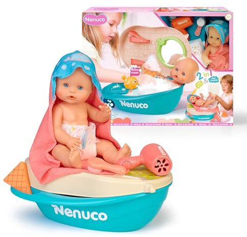 Nenuco Bubbelbad, 35 cm docka med styv kropp och magiskt hår, med 2-i-1-tillbehör: badkar och skötbord, dricker och kissa +3 år, berömd (NFNA0000)