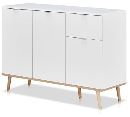 KHG Kommode 3-türig mit Schublade Scandi, Tür, für Stauraum und Ordnung | Sideboard aus Holzwerkstoff weiß foliert für Wohnzimmer und Esszimmer, 120x86x40 cm (B/H/T), pflegeleicht im Alltag