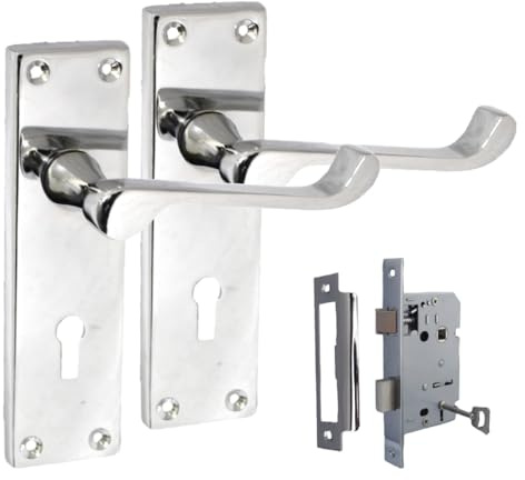 Epsom Door Handle Victorian Scroll Door Handles - Polished Chrome Back Plate (Pair Lock Handles + 3 Lever SASH Lock)